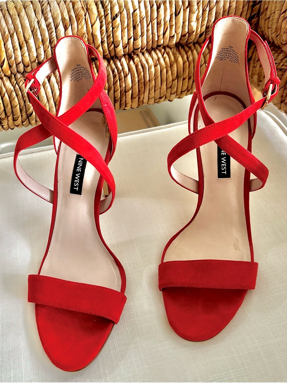 Nine West / Coral Red Suede “Mydebut” Crisscross Stiletto Sandals / Size 9M